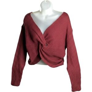 Icon Apparel Twist Front Cropped Knit Sweater Women XL Burgundy Boho Casual